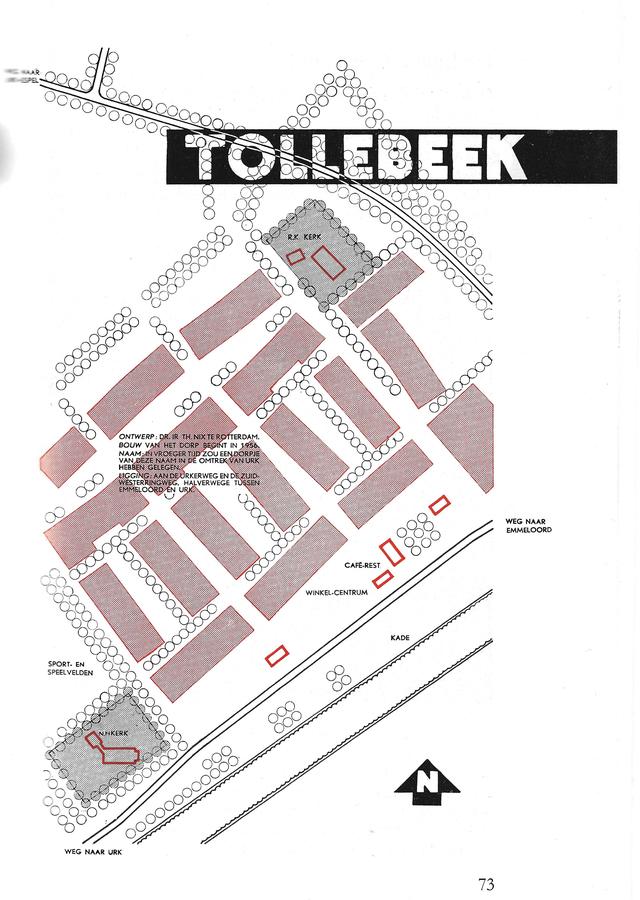 De planning voor Tollebeek in 1955. De plaats voor de toekomstige kerken, sportvelden, caf-restaurant en het winkelcentrum zijn al aangegeven.